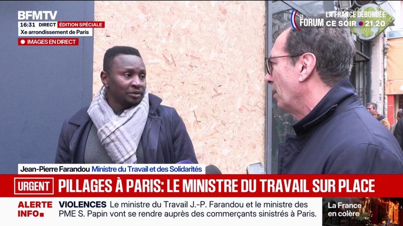 Pillages à Paris: le ministre du Travail, Jean-Pierre Farandou, en déplacement dans un commerce vandalisé