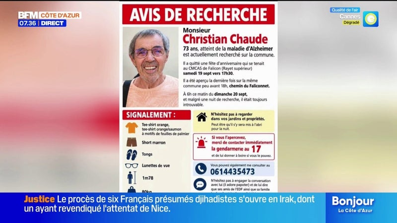 Disparition inquiétante à Falicon : Christian, 73 ans, atteint d’Alzheimer, reste introuvable