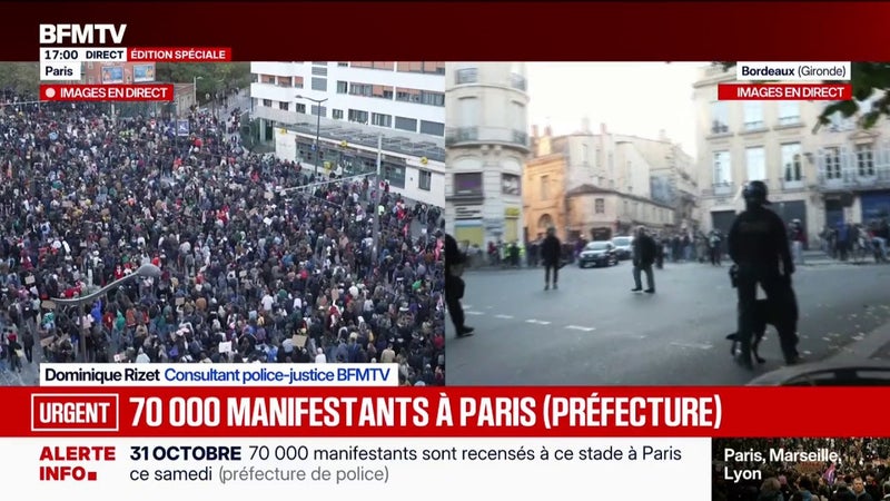 Manifestations du 31 octobre: 70.000 personnes recensées à Paris ce samedi, annonce la préfecture de police