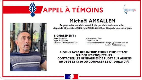 Intempéries: un homme de 58 ans a disparu dans le Var, un appel à témoins lancé par la gendarmerie