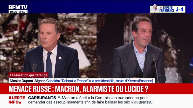 Menace russe: "La France n'a pas les moyens de se lancer dans cette folie", fustige Nicolas Dupont-Aignan, candidat à l'éle ction présidentielle
