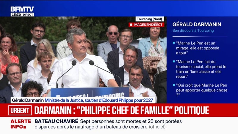 "Son honnêteté, sa droiture et ses qualités d'homme font que ce sera un très grand président de la République", estime le ministre de la Justice Gérald Darmanin à propos d'Édouard Philippe