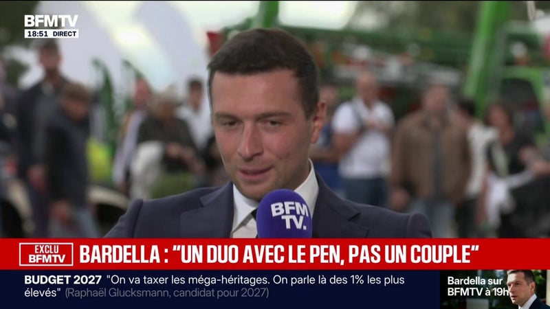 "Nous sommes un duo, un tandem [avec Marine Le Pen] mais pas un couple", déclare Jordan Bardella, président du RN