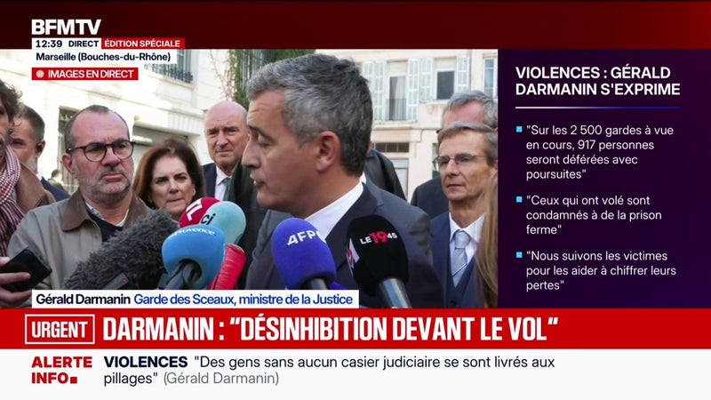 "Il y a une désinhibition devant le vol et le pillage qui est tout à fait inquiétante pour la société française", dénonce Gérald Darmanin, ministre de la Justice
