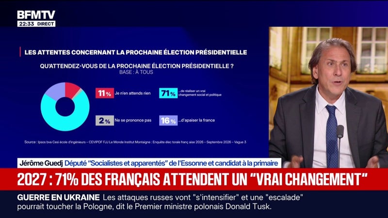D'après un sondage, 71% des Français attendent un "vrai changement" pour 2027: "Il y a une demande de dignité", déclare Jérôme Guedj, candidat à la primaire de la gauche