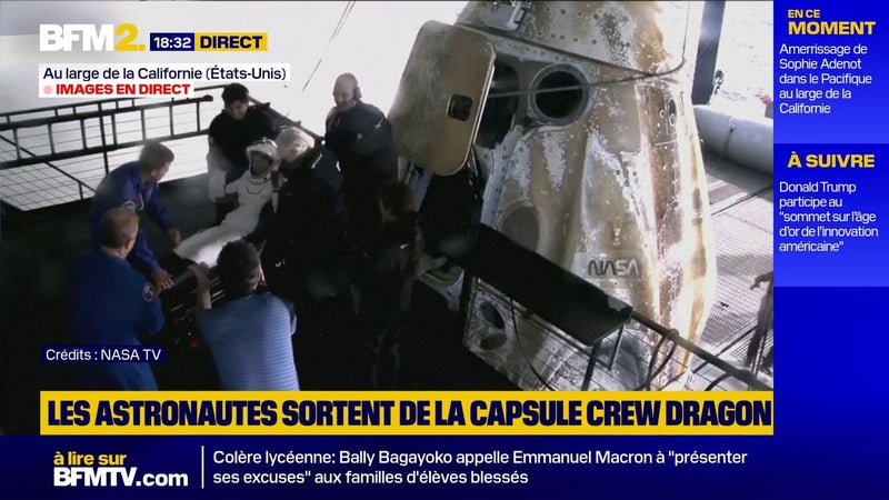L'astronaute française Sophie Adenot sort de la capsule Crew Dragon après l'amerrissage réussi