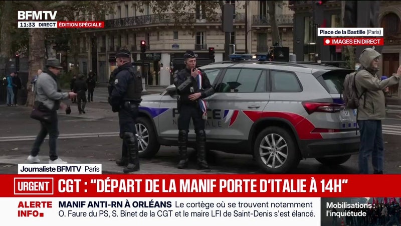 À Paris, sur la place de la Bastille, la police informe les manifestants de l'interdiction de la manifestation