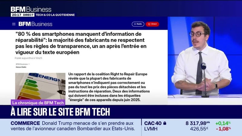 À lire sur le site Tech&Co : "80% des smartphones manquent d'information de réparabilité", la majorité des fabricants ne respectent pas les règles de transparence, un an après l'entrée en vigueur du texte européen par Sylvain Trinel - 08/09