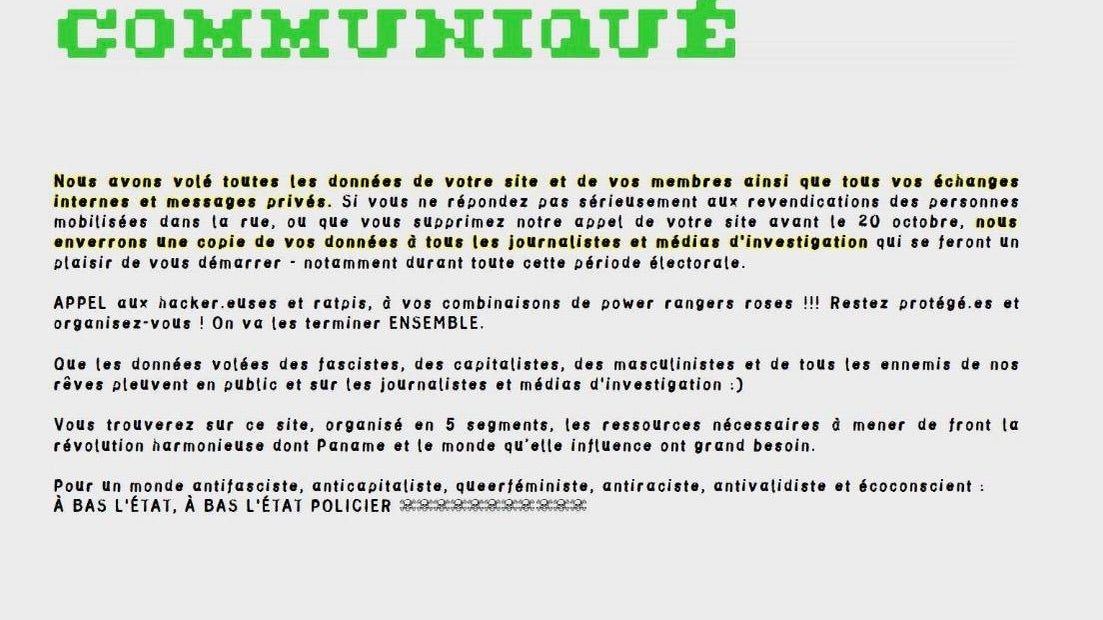 Le communiqué apparu sur le site des Républicains lors de son piratage à la veille de la manifestation du 17 octobre.