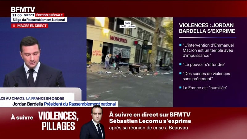 Jordan Bardella appelle au déploiement de "tous les moyens légaux possibles" pour "ramener l'ordre et la sécurité partout sur le territoire national"