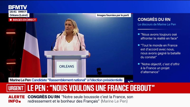 "Nous respecterons la volonté des citoyens et rétablirons grâce au référendum leur droit d'expression politique", annonce Marine Le Pen, candidate RN à l'élection présidentielle