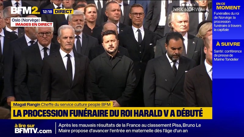 Le prince William, Volodymyr Zelensky....Chefs d'États et de gouvernements ainsi que les têtes couronnées suivent la famille royale de Norvège lors des funérailles du roi Harald V