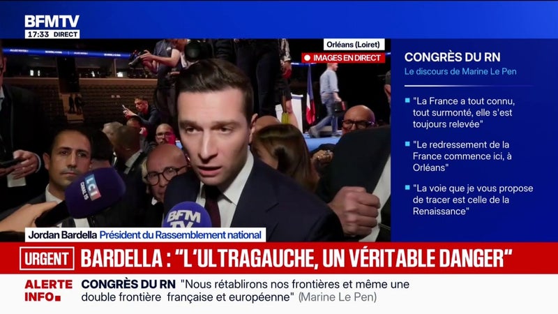 Congrès du RN perturbé par l'Union des étudiants juifs de France: "L'ultragauche est un véritable danger pour la démocratie", estime Jordan Bardella, président du RN