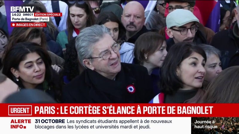 Manifestations du 31 octobre: le leader insoumis Jean-Luc Mélenchon participe au cortège parisien avec une délégation d'élus LFI