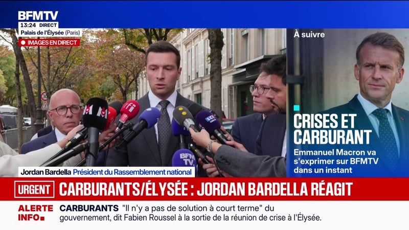 "Le président n'a apporté aucune réponse sur le pouvoir d'achat ou sur la question des taxes sur le carburant", rapporte Jordan Bardella, président du RN, à l'issue d'une réunion des chefs des partis à l'Élysée