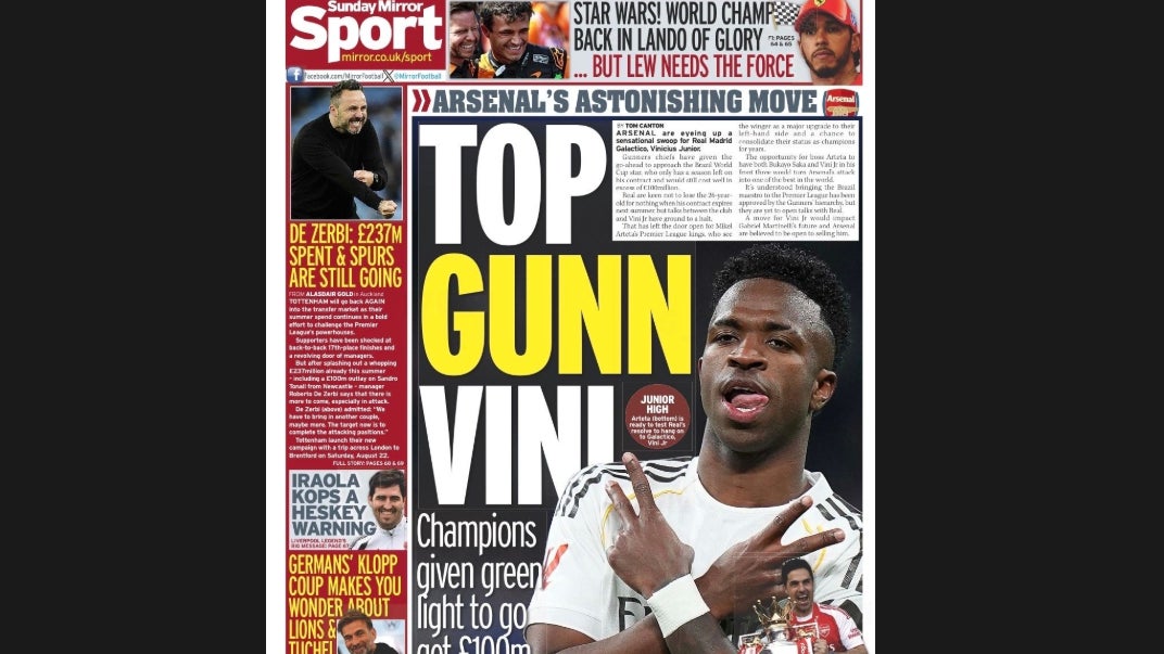 La Une du Sunday Mirror sur Vinicius le 26 juillet 2026
