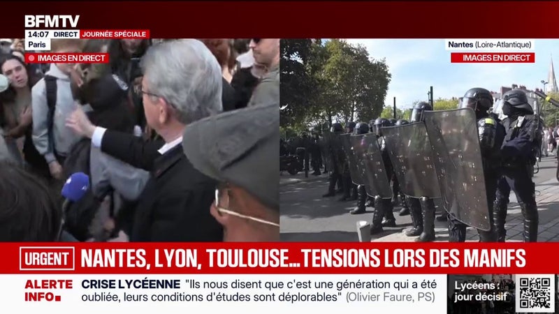 "C'est puissant ce que vous faites", déclare Jean-Luc Mélenchon, candidat LFI à la présidentielle, à des lycéens mobilisés