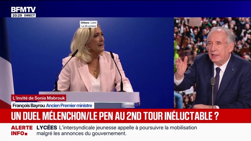 Pour François Bayrou, ancien Premier ministre, si Marine Le Pen ou Jean-Luc Mélenchon arrivent au pouvoir, ce sera des risques "d'une égale toxicité"