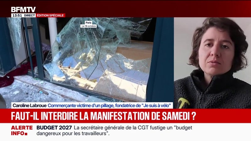 24 octobre: "Que le cortège ne soit pas dans le coeur des centre-villes, c'est une piste intéressante", juge Caroline Labroue, commerçante victime d'un pillage