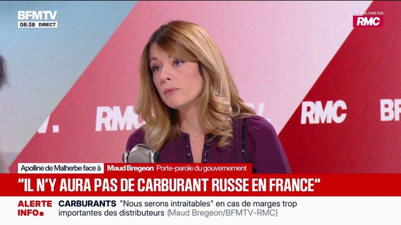 "Il n'y aura pas de carburant russe demain dans les pompes et les stations services françaises", assure Maud Bregeon, porte-parole du gouvernement