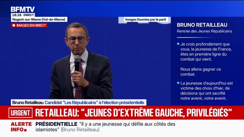Présidentielle: "Nous serons les reconstructeurs de notre pays", assène Bruno Retailleau, candidat "Les Républicains" à l'élection présidentielle en référence à la dette