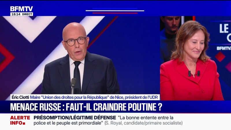 Menace russe: "Je suis d'accord avec Eric Ciotti, c'est une opération de communication" de la part de l'Élysée, estime Ségolène Royal, candidate à la primaire socialiste, après qu'Emmanuel Macron a reçu les oppositions