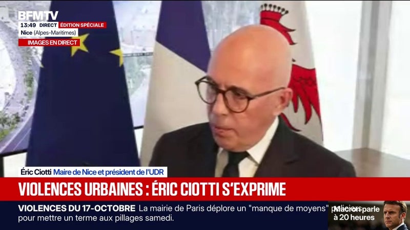 Violences en marge des manifestations: "il faut que le parquet national antiterroriste se saisisse", déclare Eric Ciotti, maire UDR de Nice