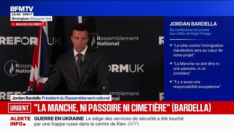 Jordan Bardella: "Si nous gagnons les élections, nous ne souhaitons pas sortir de l'UE", assure le président du RN, qui était aux côtés de Nigel Farage, leader du parti anti-immigration Reform UK