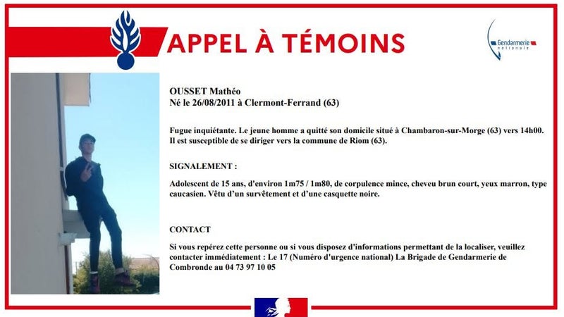 Un appel à témoins lancé après "la fugue inquiétante" d'un adolescent de 15 ans dans le Puy-de-Dôme