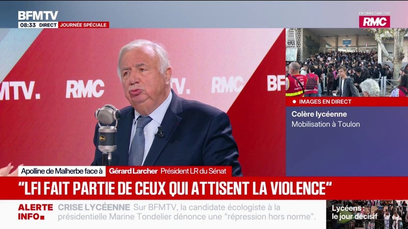 Colère lycéenne: "Ceux qui attisent la violence" ont une "'responsabilité", estime Gérard Larcher, président LR du Sénat, en désignant La France Insoumise