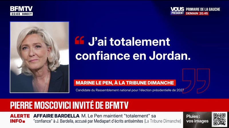 Affaire Bardella: Marine Le Pen maintient "totalement" sa "confiance" à Jordan Bardella, accusé par Mediapart d'écrits antisémites
