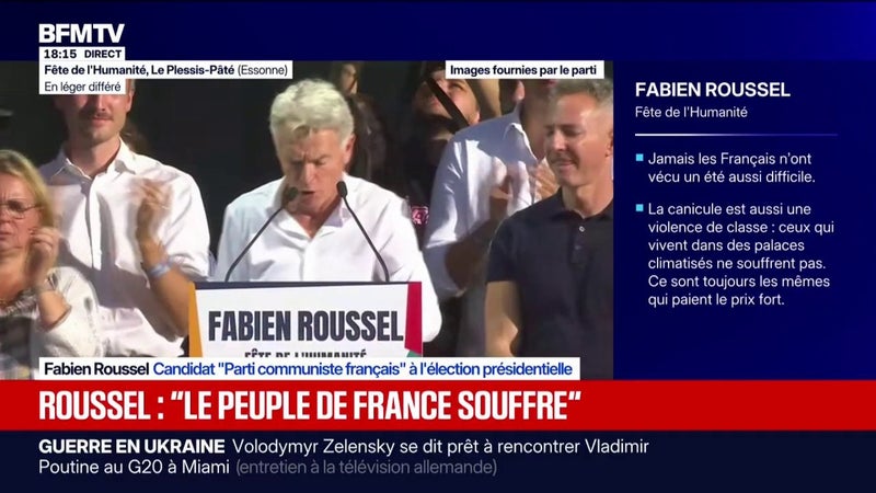 "Je vous propose de faire la révolution maintenant dans la rue avant les urnes": Fabien Roussel, candidat "Parti communiste français" à l'élection présidentielle, appelle à la mobilisation à la Fête de l'Humanitéo