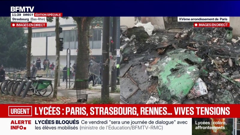 Colère lycéenne: la porte d'entrée du lycée Roger Verlomme, dans le XVe arrondissement de Paris, carbonisée