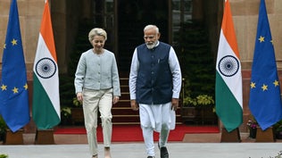 La présidente de la Commission européenne, Ursula von der Leyen, et le Premier ministre indien, Narendra Modi, lors d'une réunion à New Delhi, le 28 février 2025 (photo d'illustration). 