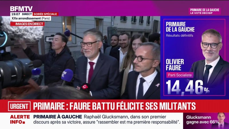 Victoire de Raphaël Glucksmann à la primaire sociale-démocrate: Olivier Faure arrive sous les acclamations après sa défaite