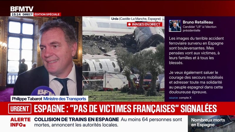 Collision de trains en Espagne: Philippe Tabarot, ministre des Transports, exprime "sa compassion" pour "le peuple espagnol"