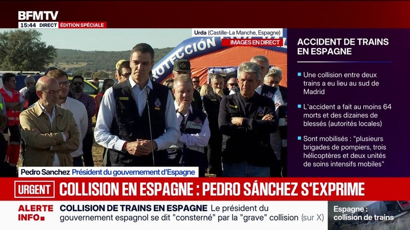"Aujourd'hui toute l'Espagne est en deuil", déclare Pedro Sanchez, Premier ministre espagnol, après l'accident de trains mortel dans le pays