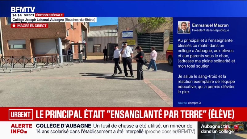 Principal blessé par balle à Aubagne: Emmanuel Macron salue "le sang-froid et la réaction exemplaire de l’équipe éducative, qui a permis d’éviter le pire"