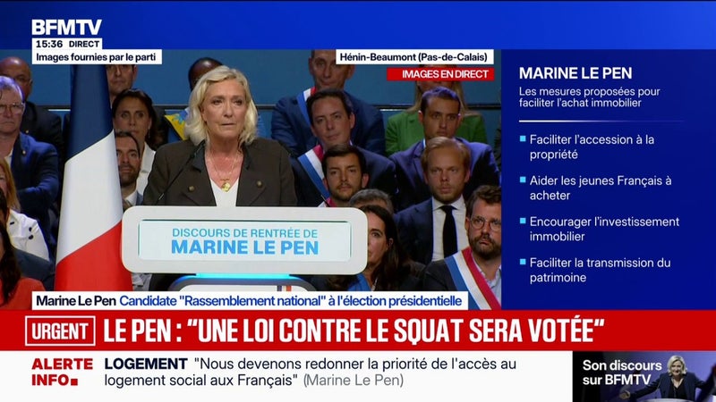 "Cette petite politique faite de renoncements, les Français en ont marre", affirme Marine Le Pen, candidate Rassemblement national à la présidentielle