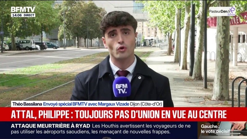 Édouard Philippe et Gabriel Attal échangent une poignée de main au congrès du Parti radical avant leurs discours respectifs