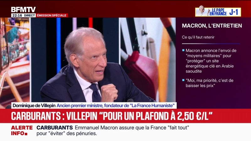 Prix des carburants: "Je suis pour un plafond absolu à 2,50 euros le litre", affirme Dominique de Villepin, ancien Premier ministre
