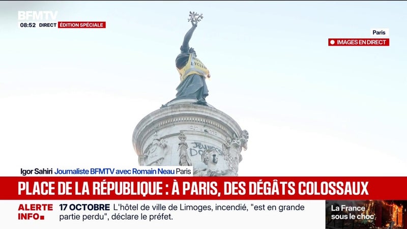 À Paris, un gilet jaune placé sur la statue de la place de la République