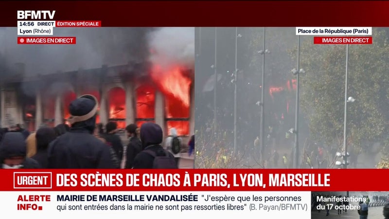 Manifestation du 17 octobre: les images impressionnantes de l'incendie en cours à l'office de tourisme place Bellecour, à Lyon