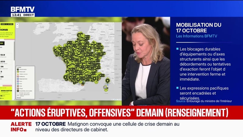 17 octobre: le ministère de l'Intérieur évoque 500 actions envisagées et plus de 90 manifestations à travers la France