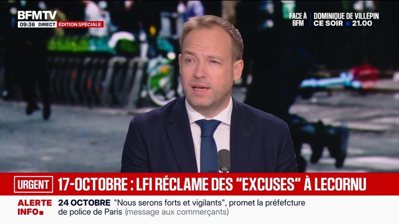 17 octobre: "Je suis choqué de voir des pyromanes venir donner des leçons de maîtrise des incendies", déclare Jean-Didier Berger, ministre délégué auprès du ministre de l'Intérieur, à propos de LFI qui demande des excuses au Premier ministre