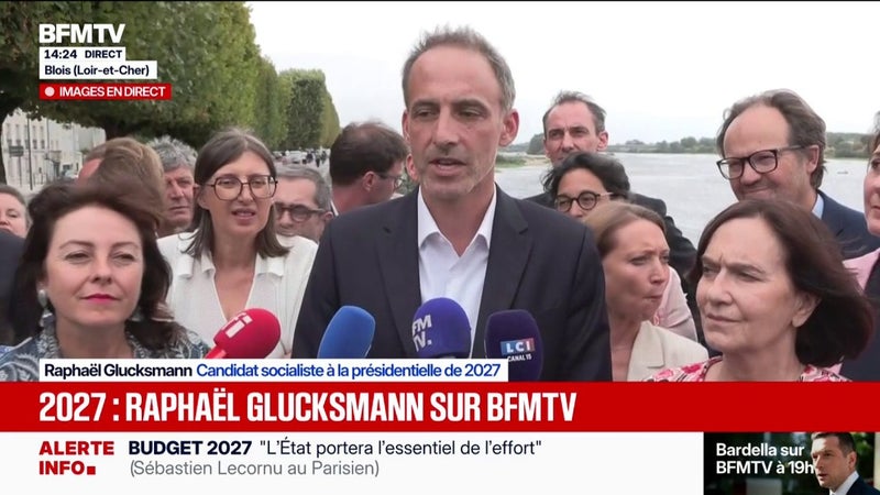 "Il faut un budget pour le pays, mais il ne peut pas être injuste, et on ne peut pas toujours demander des efforts aux mêmes", estime Raphaël Glucksmann, candidat socialiste à l'élection présidentielle, lors des journées d'été du PS à Blois