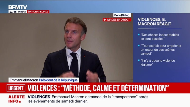 "Il n'y a aucune violence légitime, aucune", réagit Emmanuel Macron après les évènements du 17 octobre