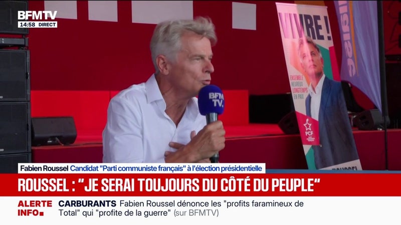 "J'appelle à des mobilisations, sur les ronds-points, dans les entreprises ... J'y serai", lance Fabien Roussel, candidat "Parti communiste français" à l'élection présidentielle