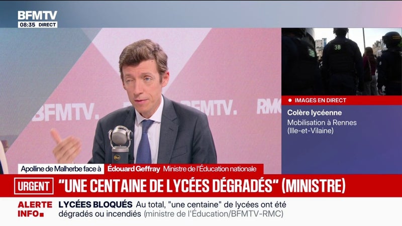 Colère des lycées: "65 personnels blessés, 40 proviseurs parmi eux", détaille Édouard Geffray, ministre de l'Éducation nationale