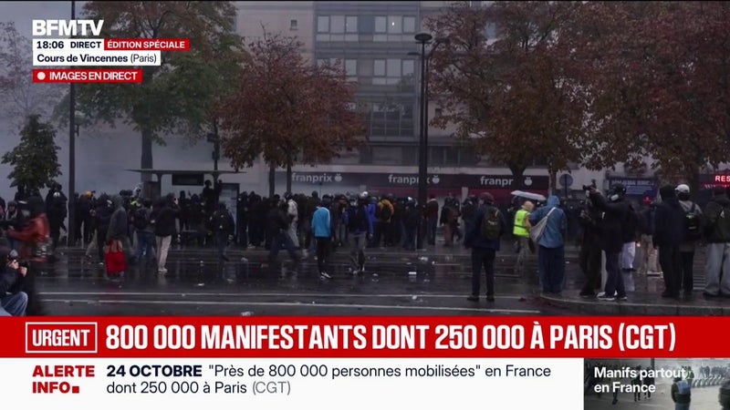 24 octobre: "Près de 800.000 personnes mobilisées" en France dont 250.000 à Paris selon la CGT